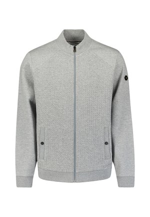 Lichtgrijze zip-up jas met staande kraag, textuur op de voorkant, twee drukknoopzakken en ribgebreide manchetten en zoom.