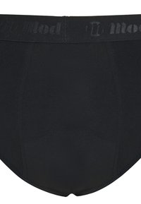 Schwarze Baumwoll-Unterhosen mit glatter Textur, ausgestattet mit einem breiten, markenprägten Bund und einem nahtlosen Rückendesign. Minimale Nähte.