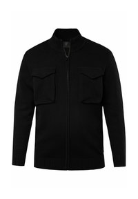 Schwarze, gestrickte Strickjacke mit Reißverschluss, hohem Kragen, zwei vorderen Taschen, gerippten Bündchen und Saum. Aus strukturiertem Stoff gefertigt für Wärme.