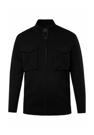 Sort strikket zip-up cardigan med høj krave, to forlommer, ribbede manchetter og kant. Fremstillet af struktureret stof for varme.