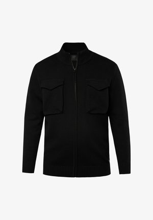 Zwarte gebreide ritssluiting cardigan met een hoge kraag, twee voorkruiszakken, ribgebreide manchetten en een zoom. Gemaakt van textiel voor warmte.