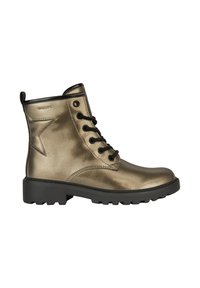 Stivaletti alla caviglia in bronzo metallizzato con lacci neri, punta tonda e suola spessa e testurizzata. Presenta un accento a forma di stella sul lato.