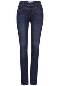 Mörkblå denimjeans, slim fit, med fem fickor, kontrasterande sömmar och en knappstängning. Slät textur med en klassisk design.