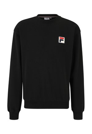 Felpa nera con maniche lunghe, collo a giro e polsini a costine. Presenta un'etichetta con logo bianco con dettagli rossi e blu sul lato sinistro del petto.