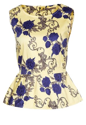 Blouse jaune sans manches avec taille élastique, décorée de motifs floraux bleus et de volutes grises.