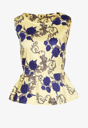 Blouse jaune sans manches avec taille élastique, décorée de motifs floraux bleus et de volutes grises.