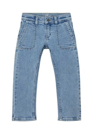Jasnoniebieskie jeansy z denimu z przednimi kieszeniami naszywanymi, szlufkami na pasek, zapięciem na guziki oraz prostym krojem nogawek.