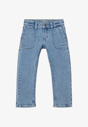 Lyseblå denimjeans med frontlommer, bæltestropper, knaplukning og lige ben.