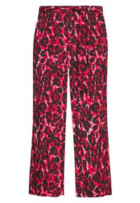 Hosen mit weitem Bein aus leichtem Stoff, ausgestattet mit einem auffälligen Leopardenmuster in Rot und Schwarz, Zugbandtaille und glatter Textur.