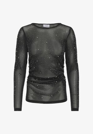 Sort langærmet top med en gennemsigtig, tekstureret finish, prydet med spredte sølvperler og rynkede detaljer langs siderne.