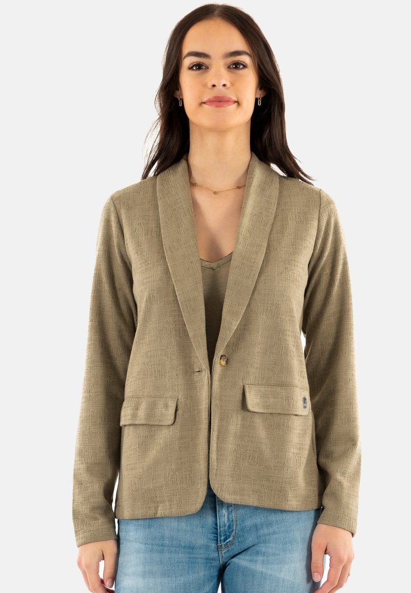 Blazer beige con tejido texturizado, dos bolsillos frontales y cierre de un solo botón. Presenta un cuello chal y mangas largas.