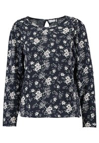 Kwiatowa bluzka z granatowym tłem, długimi rękawami, okrągłym dekoltem i detalem w kształcie łezki. Wykonana z lekkiego materiału z białymi i różowymi kwiatami.