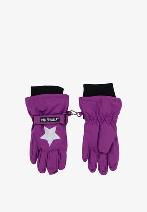 Fioletowe rękawice z czarnymi mankietami, ozdobione białym wzorem gwiazdy oraz regulowanym paskiem dla pewnego dopasowania. Wykonane z gładkiego, trwałego materiału.
