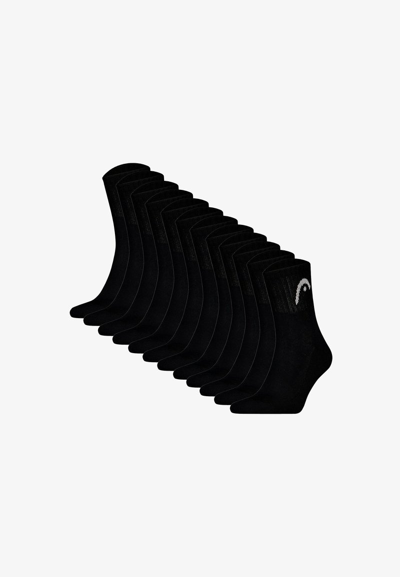 Conjunto de calcetines de algodón negros, con un diseño acanalado y una puntera reforzada. Incluye varios pares organizados en fila para una clara visibilidad.