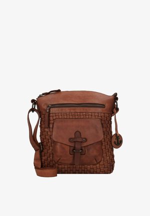 Brown leather crossbody bag with woven texture, zippered top, front flap pocket, and a decorative anchor charm on the side.