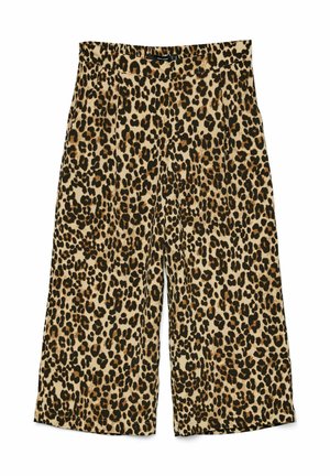 Leopardmönstrade vida byxor i mjukt tyg, med elastisk midja, två sidofickor och en neutral beige bakgrund.
