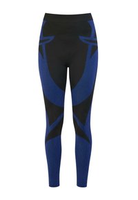Blue and black athletic leggings featuring a textured design with abstract patterns, a high waistband, and a snug fit throughout the legs.