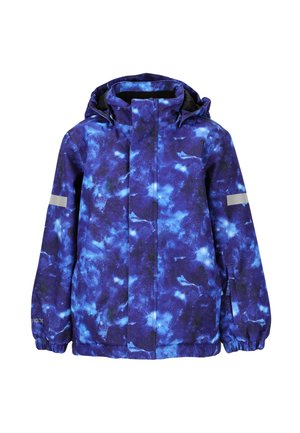 Wasserdichte Jacke mit einem blauen Galaxiemuster und helleren Akzenten, einer Kapuze und reflektierenden Streifen an den Ärmeln für bessere Sichtbarkeit.