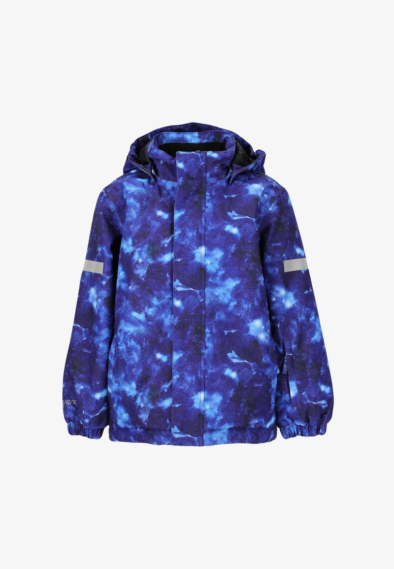 Vedenna jakna s sinjim galaksijskim vzorcem in svetlejšimi poudarki, s kapuco in odsevnimi trakovi na rokavih za boljšo vidljivost.