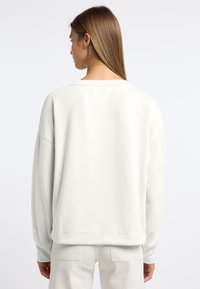 Lichtgrijze oversized sweatshirt met een wijd uitgesneden halslijn en lange mouwen, voorzien van een zachte textuur en ribbelmanchetten. Eenvoudig ontwerp, geen zichtbare patronen.
