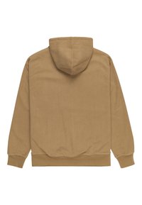 Hooded sweatshirt in tan, featuring a ribbed texture and elasticated cuffs. Smooth fabric with a relaxed fit and no visible logos.
