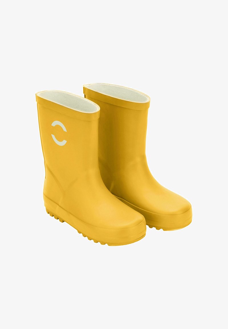 Yellow rubber rain boots with a smooth finish, rounded toes, and a white logo on the side. Treaded sole for traction.