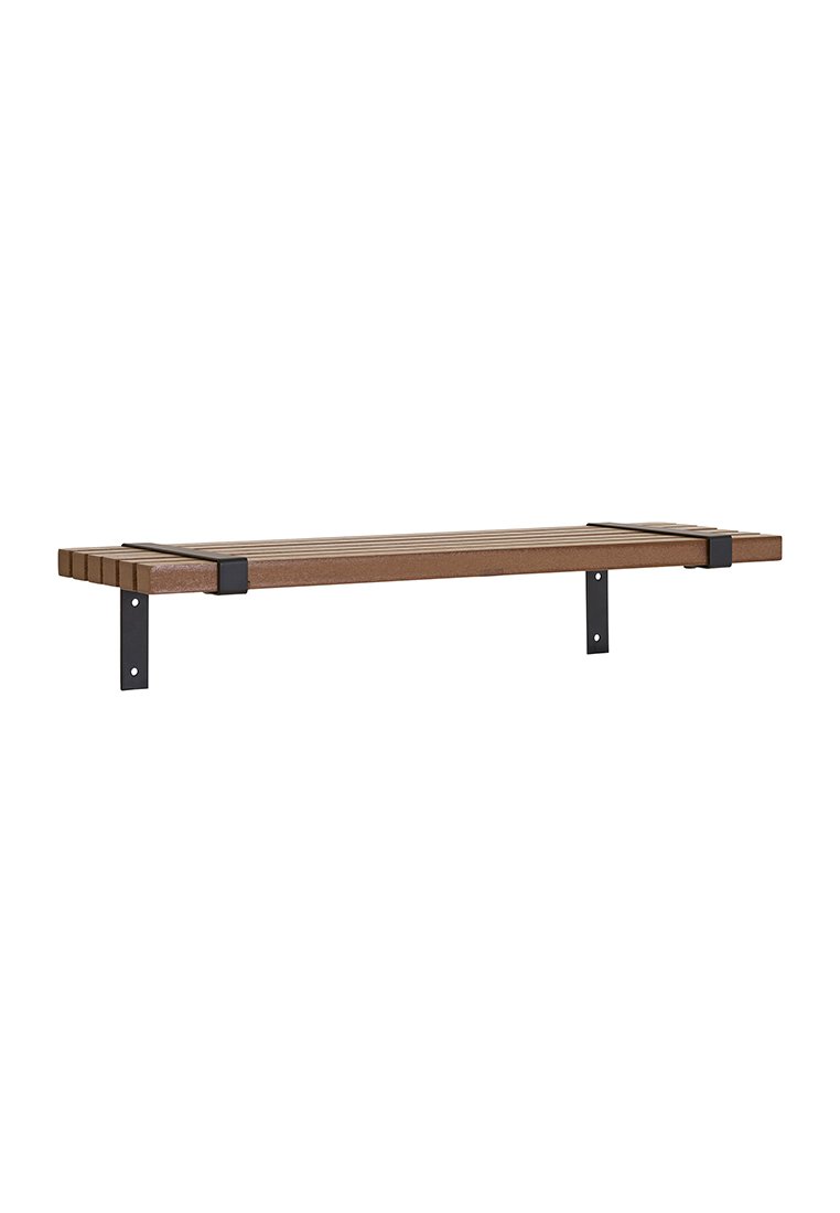 Holzregal mit brauner Oberfläche, das ein schlitziertes Design und schwarze Metallhalterungen zur Montage aufweist. Einfache, rechteckige Form.