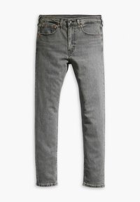 Jeans gris en denim, avec une coupe droite, un design traditionnel à cinq poches et des coutures contrastées.