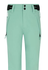 Mintgroene broek van een gladde, rekbare stof. Kenmerken zijn onder andere twee met rits afsluitbare zakken en een taille met twee zwarte knopen en zwarte accenten.