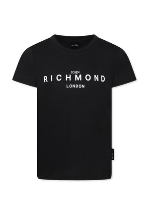 T-shirt nera a maniche corte in cotone. Presenta il testo bianco: "JOHN RICHMOND LONDON" sul petto, con un'etichetta di lato.