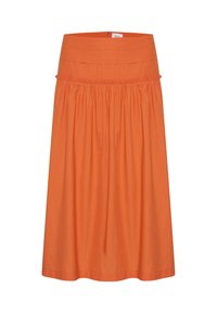 Orange bomullskjol med figursydd midja och veckad design. Har en dold dragkedja bak. Slät, texturerad tyg.