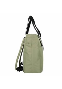 Groene stoffen tote bag met dubbele zwarte handvatten, verstelbare zwarte schouderband en een met rits afgesloten zijzak. Gladde textuur met een gestructureerd silhouet.