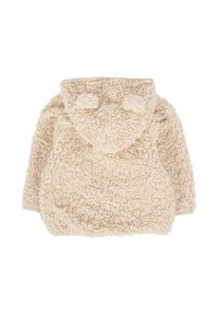 Haut à capuche en polaire crémeux et duveteux avec une surface texturée, deux accents en forme d'oreilles sur la capuche, et une taille et des poignets élastiqués.