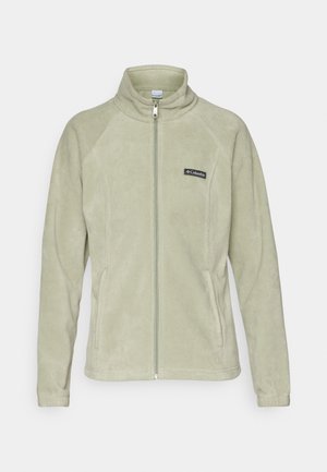 Fleece jacket in light green with a high collar, front zipper, and side pockets. Features a small black logo on the upper left side.
