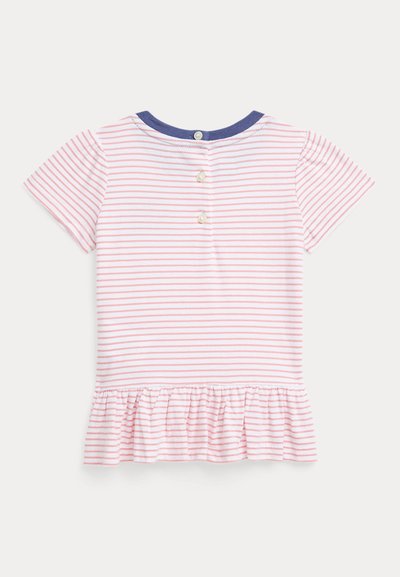 T-shirt às riscas em rosa e branco, com mangas curtas, decote redondo, fecho de três botões nas costas e barra franzida. Tecido de algodão macio.