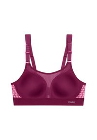 Viininpunainen urheiluliivit muotoilluilla kupeilla, verkkokuvioilla ja vaaleanpunaisella korostemallilla sivuilla. Säädettävät olkaimet ja joustava nauha alareunassa.