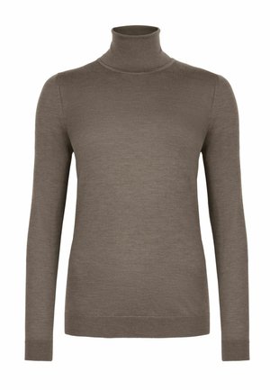Brauner Rollkragenpullover aus weichem Strickstoff. Verfügt über lange Ärmel und eine figurbetonte Silhouette mit gerippten Bündchen und Saum.