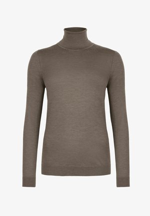 Brun rullekrave sweater lavet af blødt strikstof. Har lange ærmer og en tætsiddende silhuet med ribbede manchetter og kant.
