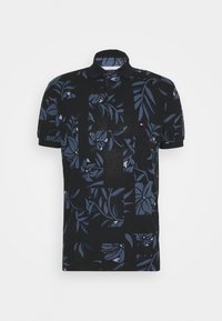 Polo noir à manches courtes avec motifs floraux et feuilles bleu foncé et patte de boutonnage à trois boutons.
