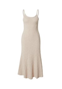 Strick ärmelloses Kleid aus hellbeigem Stoff mit einem strukturierten Muster und einem ausgestellten Saum. Entworfen für eine figurbetonte Silhouette.