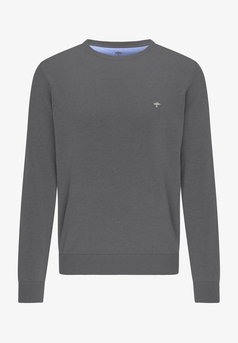 Szürke, kerek nyakú pulóver puha anyagból; hosszú ujjú, bordázott mandzsettákkal és szegéllyel, kis logóval a mellkason, világoskék belső.