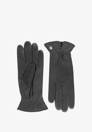 Black leather gloves with a smooth texture, featuring a gathered wrist design and decorative stitching, including a small logo on the side.