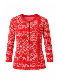 Κόκκινο ζακέτα με κουμπιά, διακοσμημένο με λευκά σχέδια μπαντάνας σε σχέδιο παϊέτας και λουλουδιών, μακριά μανίκια και στρογγυλή λαιμόκοψη.