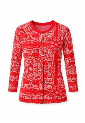 Sarkans pogājams kardigans ar baltām paisley un ziedu bandānas rakstiem, garām piedurknēm un apaļu kakla izgriezumu.