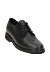 Chaussure habillée en cuir noir avec une finition lisse, un design à lacets, des perforations décoratives et un petit talon en caoutchouc pour une meilleure adhérence.