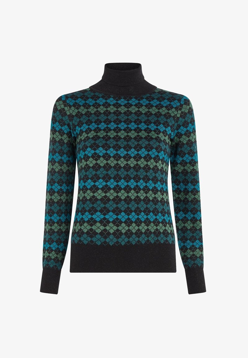 Pull à col roulé noir avec motif losange argyle bleu et vert, manches longues, poignets et ourlet côtelés.