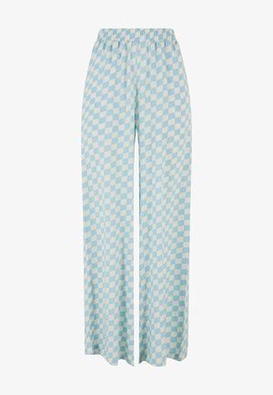 Lyseblå vide bukser med et ternet mønster i skiftende nuancer og med elastisk talje for komfort.