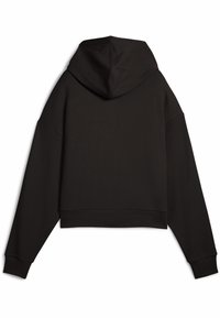 Black cropped hoodie with a textured fabric, oversized fit, and a large hood. Features wide sleeves and a ribbed hem.
