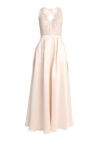 Robe longue sans manches rose pâle avec corsage texturé, encolure en forme de goutte, taille cintrée et jupe fluide et lisse.
