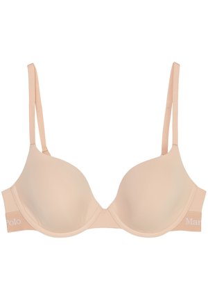 Beige padded bra with adjustable straps and a seamless design. Features a soft texture and logo detail on the band. Classic undergarment shape.